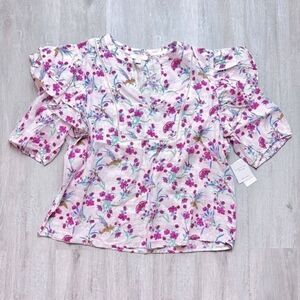 Pink Floral 100% Linen Short Ruffle Sleeve Top New
